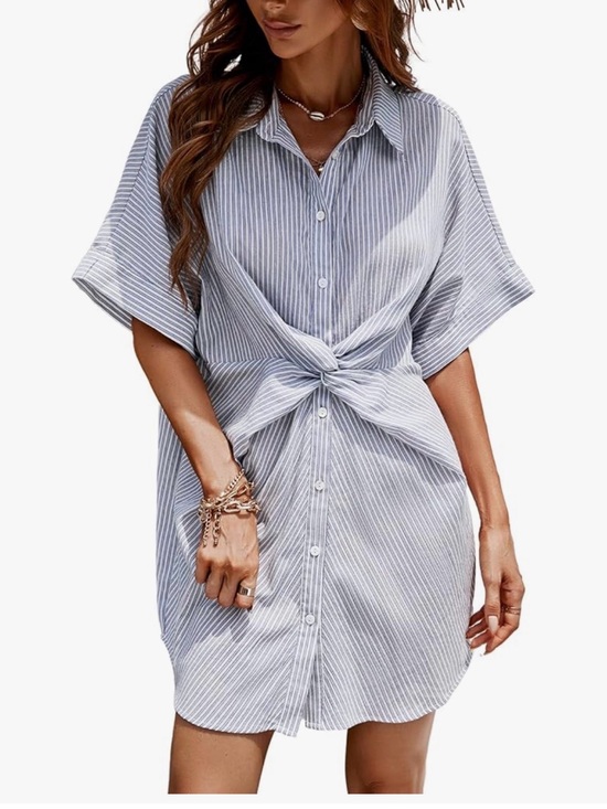 Cupshe Dresses & Skirts - Cupshe Blue & White Striped Tie-Front Mini Shirt Dress